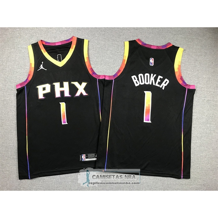 Camiseta Nino Phoenix Suns Devin Booker NO 1 Statement 2022-23 Negro